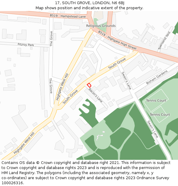 17, SOUTH GROVE, LONDON, N6 6BJ: Location map and indicative extent of plot