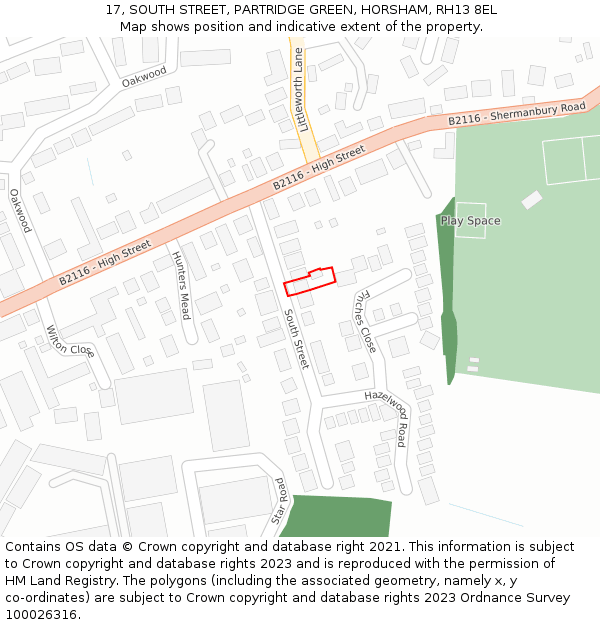 17, SOUTH STREET, PARTRIDGE GREEN, HORSHAM, RH13 8EL: Location map and indicative extent of plot