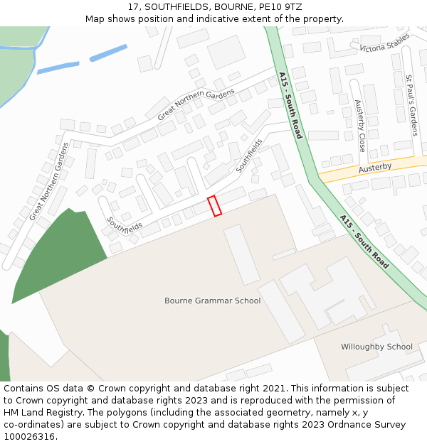 17, SOUTHFIELDS, BOURNE, PE10 9TZ: Location map and indicative extent of plot
