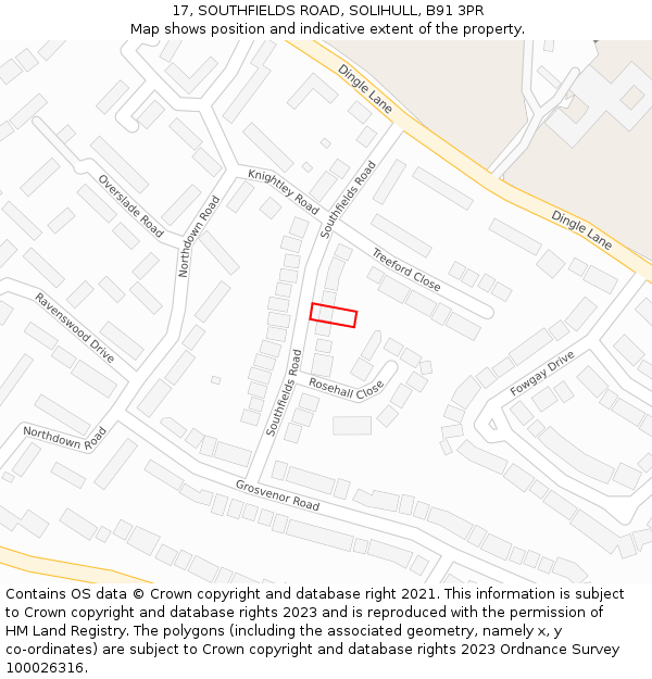 17, SOUTHFIELDS ROAD, SOLIHULL, B91 3PR: Location map and indicative extent of plot