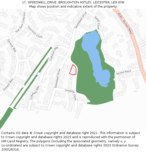 17, SPEEDWELL DRIVE, BROUGHTON ASTLEY, LEICESTER, LE9 6YW: Location map and indicative extent of plot