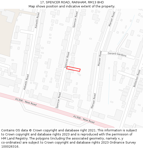 17, SPENCER ROAD, RAINHAM, RM13 8HD: Location map and indicative extent of plot