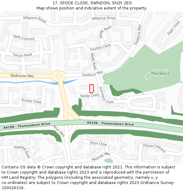 17, SPODE CLOSE, SWINDON, SN25 2EG: Location map and indicative extent of plot