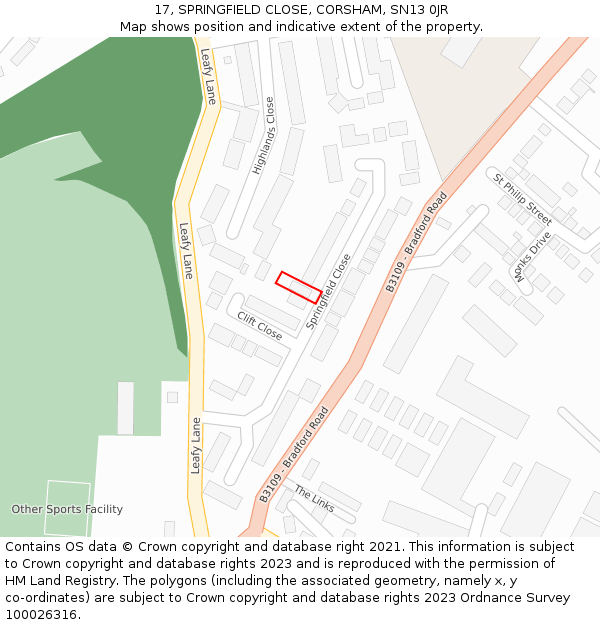 17, SPRINGFIELD CLOSE, CORSHAM, SN13 0JR: Location map and indicative extent of plot