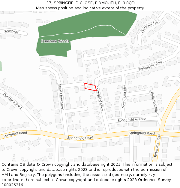 17, SPRINGFIELD CLOSE, PLYMOUTH, PL9 8QD: Location map and indicative extent of plot