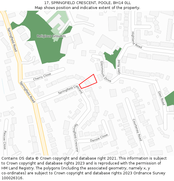 17, SPRINGFIELD CRESCENT, POOLE, BH14 0LL: Location map and indicative extent of plot