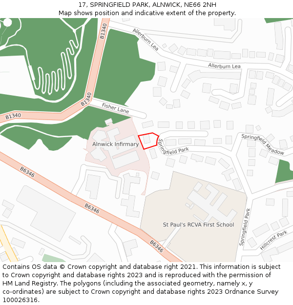 17, SPRINGFIELD PARK, ALNWICK, NE66 2NH: Location map and indicative extent of plot
