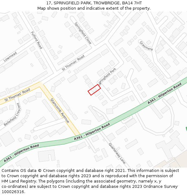 17, SPRINGFIELD PARK, TROWBRIDGE, BA14 7HT: Location map and indicative extent of plot