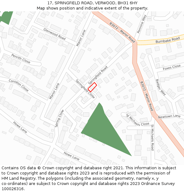 17, SPRINGFIELD ROAD, VERWOOD, BH31 6HY: Location map and indicative extent of plot