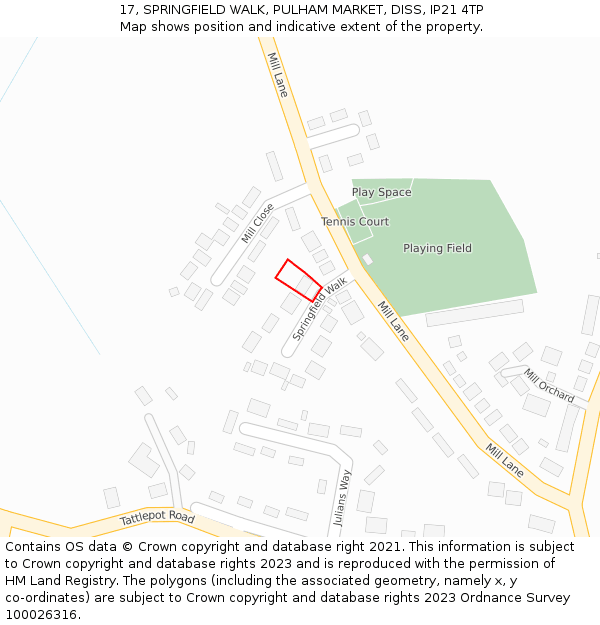 17, SPRINGFIELD WALK, PULHAM MARKET, DISS, IP21 4TP: Location map and indicative extent of plot