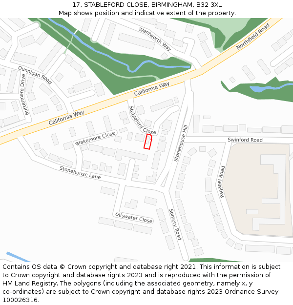 17, STABLEFORD CLOSE, BIRMINGHAM, B32 3XL: Location map and indicative extent of plot