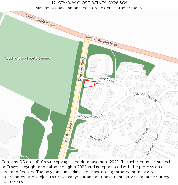 17, STANWAY CLOSE, WITNEY, OX28 5GA: Location map and indicative extent of plot