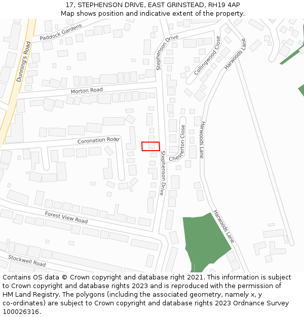 17, STEPHENSON DRIVE, EAST GRINSTEAD, RH19 4AP: Location map and indicative extent of plot