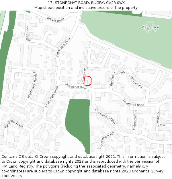 17, STONECHAT ROAD, RUGBY, CV23 0WX: Location map and indicative extent of plot