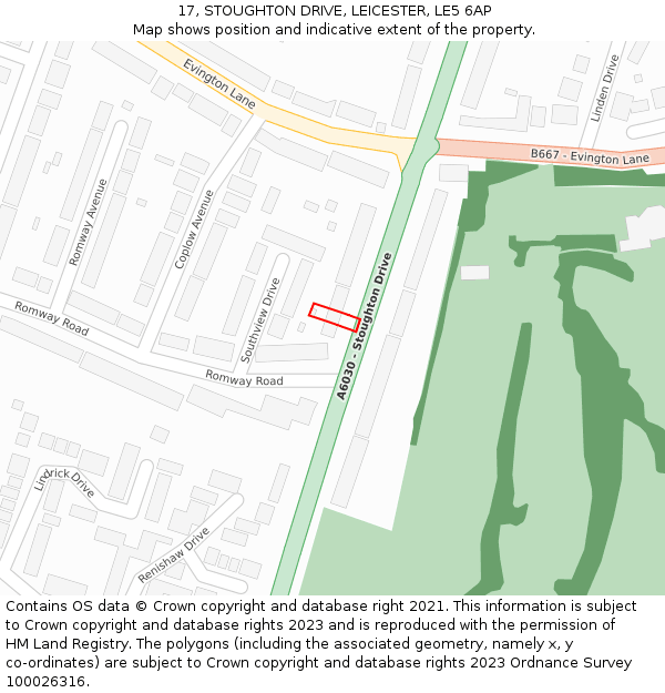 17, STOUGHTON DRIVE, LEICESTER, LE5 6AP: Location map and indicative extent of plot