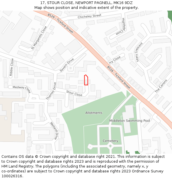 17, STOUR CLOSE, NEWPORT PAGNELL, MK16 9DZ: Location map and indicative extent of plot