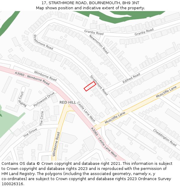 17, STRATHMORE ROAD, BOURNEMOUTH, BH9 3NT: Location map and indicative extent of plot