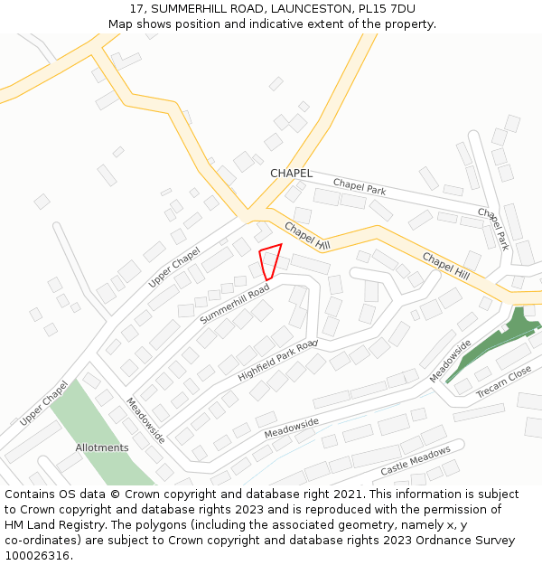 17, SUMMERHILL ROAD, LAUNCESTON, PL15 7DU: Location map and indicative extent of plot