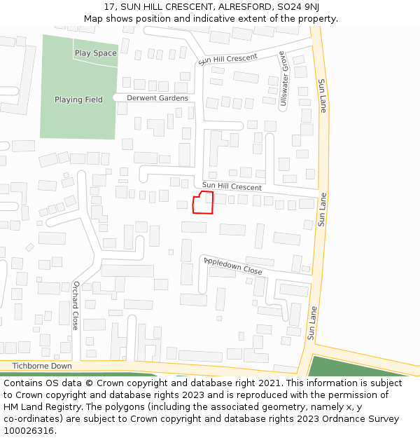 17, SUN HILL CRESCENT, ALRESFORD, SO24 9NJ: Location map and indicative extent of plot