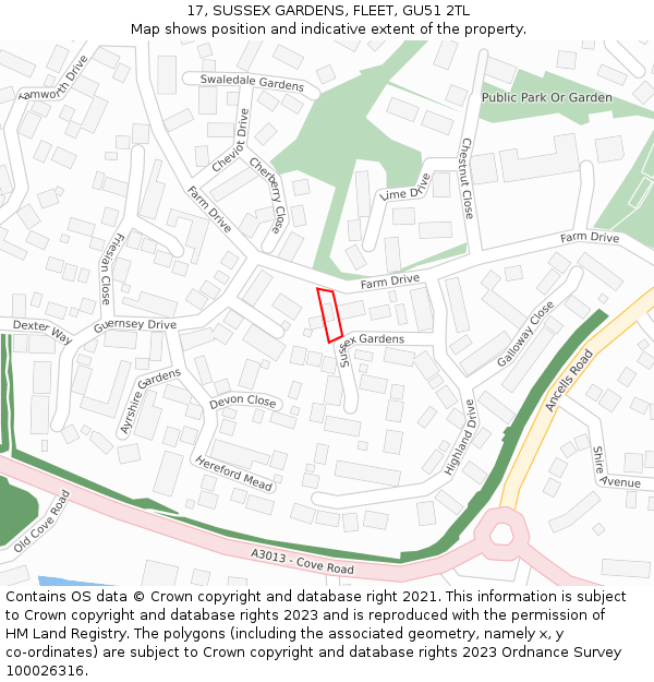 17, SUSSEX GARDENS, FLEET, GU51 2TL: Location map and indicative extent of plot