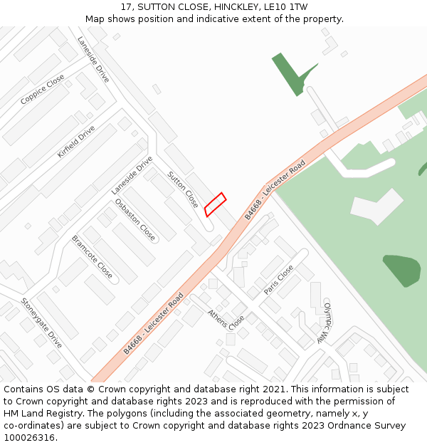 17, SUTTON CLOSE, HINCKLEY, LE10 1TW: Location map and indicative extent of plot