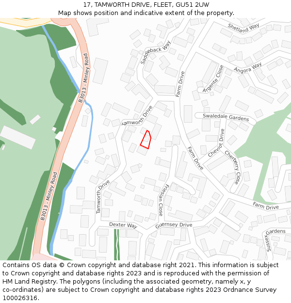 17, TAMWORTH DRIVE, FLEET, GU51 2UW: Location map and indicative extent of plot