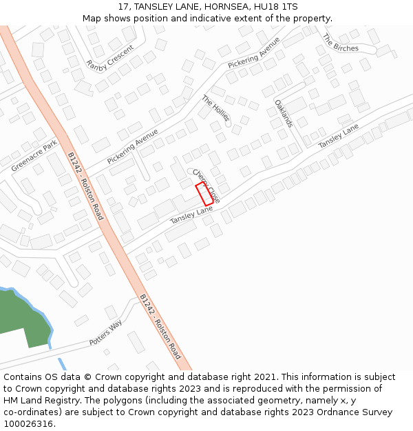 17, TANSLEY LANE, HORNSEA, HU18 1TS: Location map and indicative extent of plot