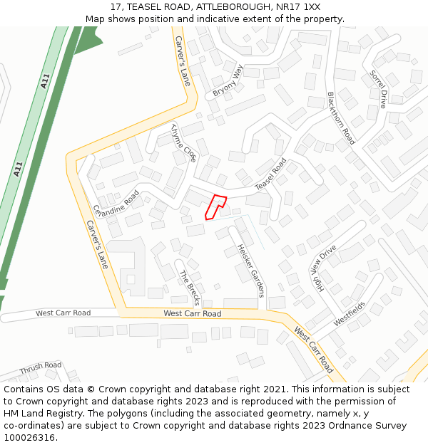 17, TEASEL ROAD, ATTLEBOROUGH, NR17 1XX: Location map and indicative extent of plot