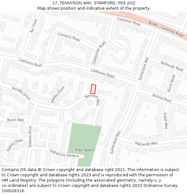 17, TENNYSON WAY, STAMFORD, PE9 2GZ: Location map and indicative extent of plot