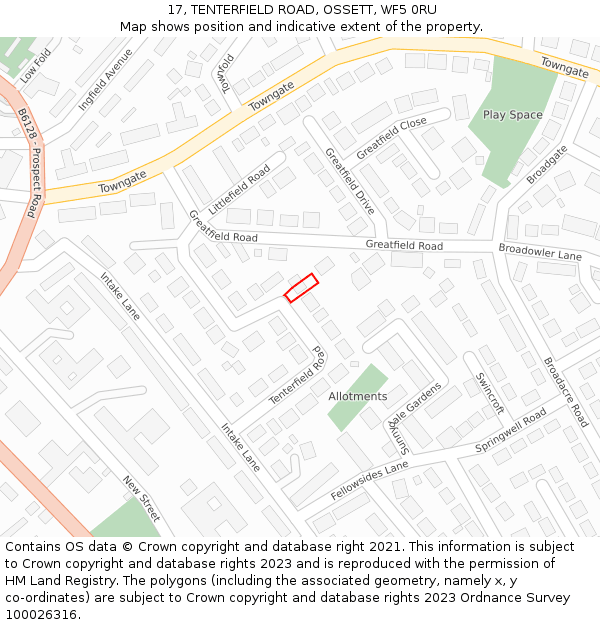 17, TENTERFIELD ROAD, OSSETT, WF5 0RU: Location map and indicative extent of plot