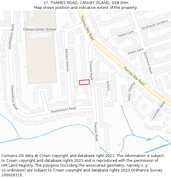 17, THAMES ROAD, CANVEY ISLAND, SS8 0HH: Location map and indicative extent of plot