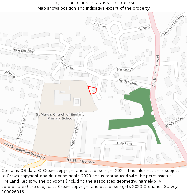 17, THE BEECHES, BEAMINSTER, DT8 3SL: Location map and indicative extent of plot