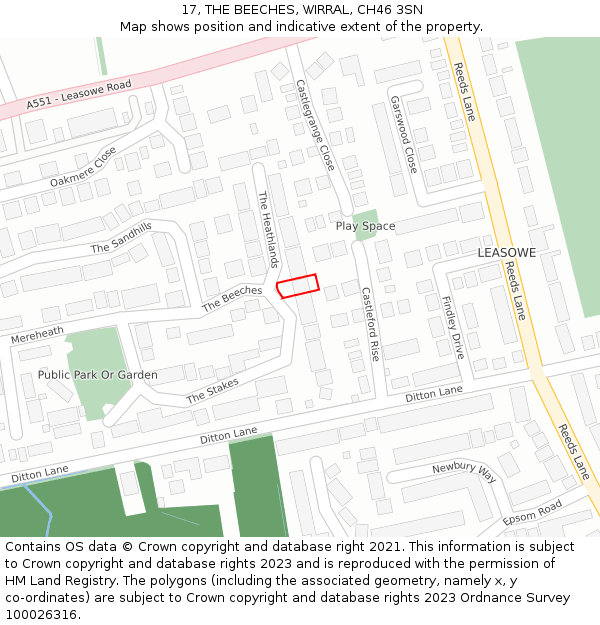 17, THE BEECHES, WIRRAL, CH46 3SN: Location map and indicative extent of plot