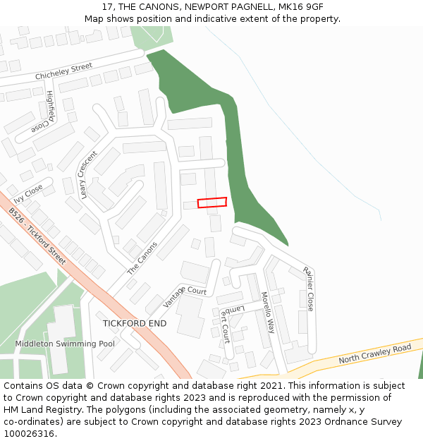 17, THE CANONS, NEWPORT PAGNELL, MK16 9GF: Location map and indicative extent of plot