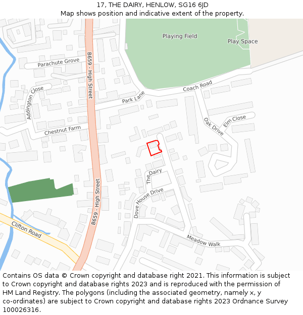 17, THE DAIRY, HENLOW, SG16 6JD: Location map and indicative extent of plot