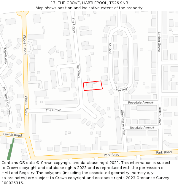 17, THE GROVE, HARTLEPOOL, TS26 9NB: Location map and indicative extent of plot