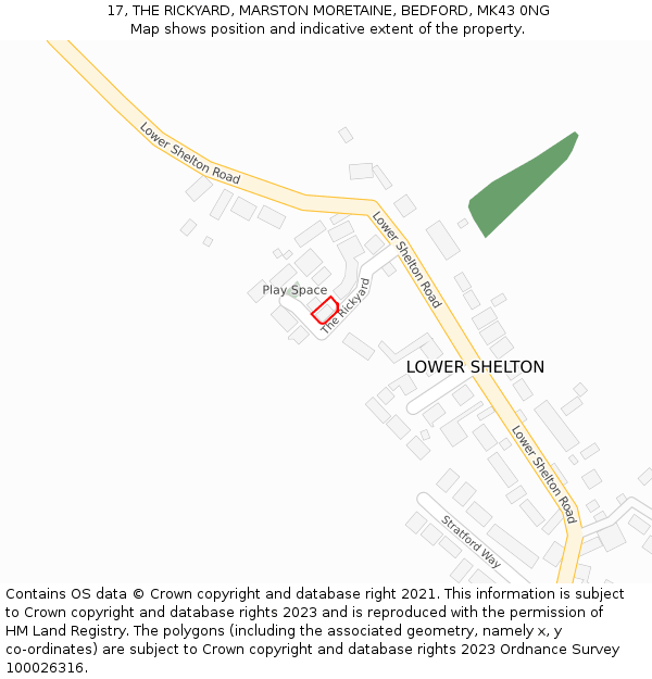 17, THE RICKYARD, MARSTON MORETAINE, BEDFORD, MK43 0NG: Location map and indicative extent of plot