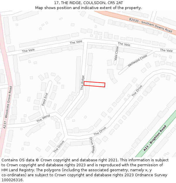 17, THE RIDGE, COULSDON, CR5 2AT: Location map and indicative extent of plot