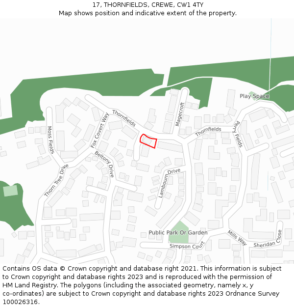 17, THORNFIELDS, CREWE, CW1 4TY: Location map and indicative extent of plot