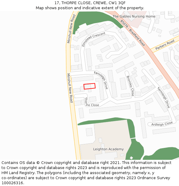 17, THORPE CLOSE, CREWE, CW1 3QF: Location map and indicative extent of plot