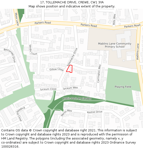 17, TOLLEMACHE DRIVE, CREWE, CW1 3YA: Location map and indicative extent of plot