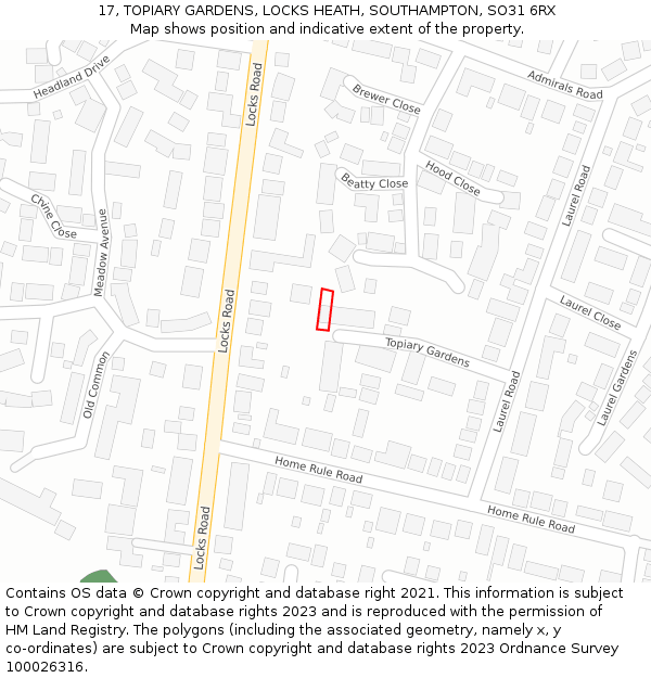 17, TOPIARY GARDENS, LOCKS HEATH, SOUTHAMPTON, SO31 6RX: Location map and indicative extent of plot