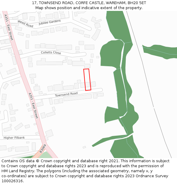 17, TOWNSEND ROAD, CORFE CASTLE, WAREHAM, BH20 5ET: Location map and indicative extent of plot