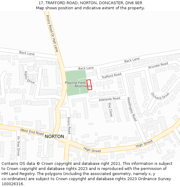 17, TRAFFORD ROAD, NORTON, DONCASTER, DN6 9ER: Location map and indicative extent of plot