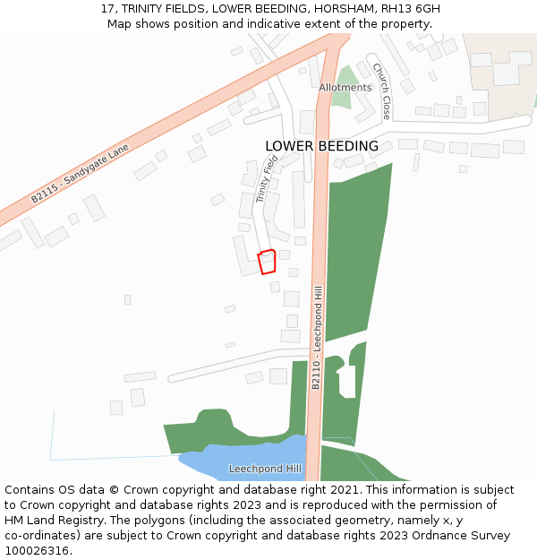 17, TRINITY FIELDS, LOWER BEEDING, HORSHAM, RH13 6GH: Location map and indicative extent of plot