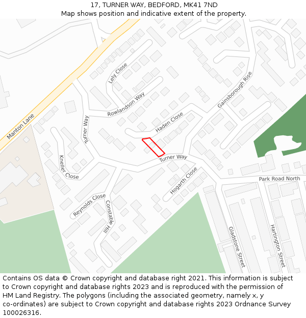 17, TURNER WAY, BEDFORD, MK41 7ND: Location map and indicative extent of plot