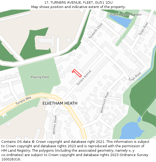 17, TURNERS AVENUE, FLEET, GU51 1DU: Location map and indicative extent of plot