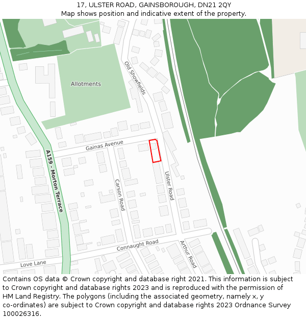 17, ULSTER ROAD, GAINSBOROUGH, DN21 2QY: Location map and indicative extent of plot