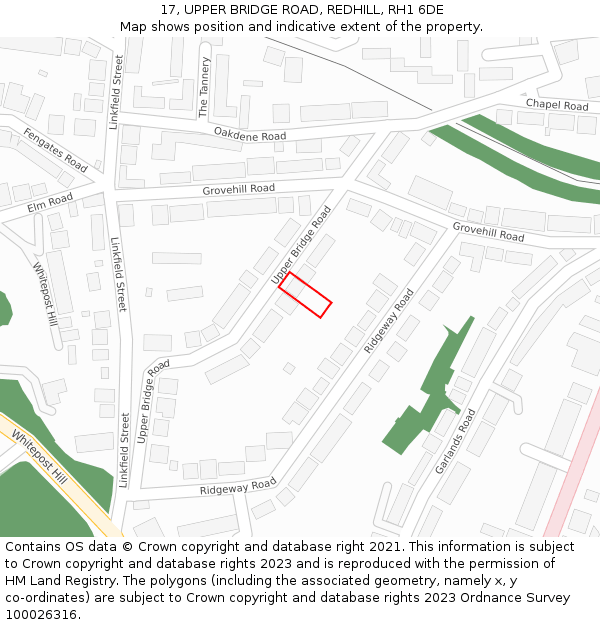 17, UPPER BRIDGE ROAD, REDHILL, RH1 6DE: Location map and indicative extent of plot
