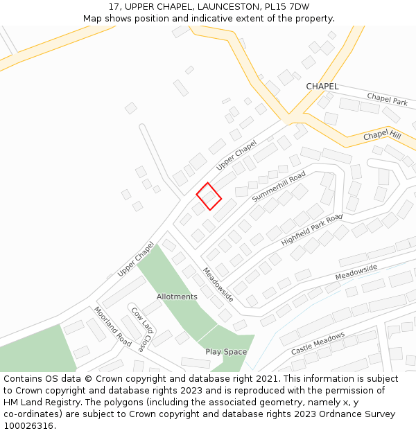 17, UPPER CHAPEL, LAUNCESTON, PL15 7DW: Location map and indicative extent of plot